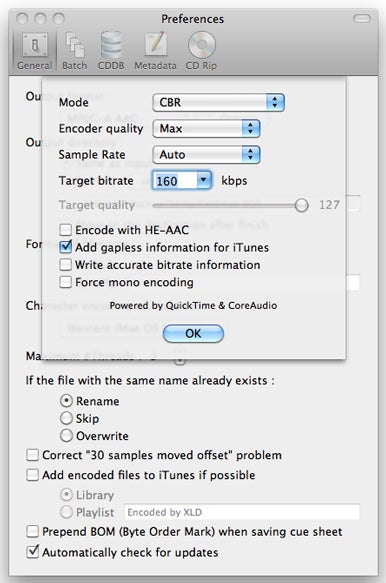 After choosing an output format, XLD lets you choose bit rate and other settings.