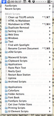 FastScripts' menu when BBEdit is the active program—BBEdit-specific scripts are at the top of the menu with BBEdit-specific keyboard shortcuts displayed.