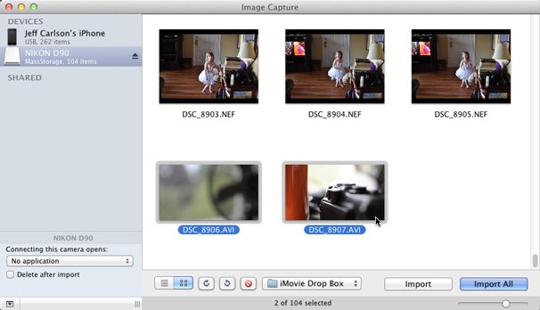 Use Image Capture to import movies directly to iMovie.