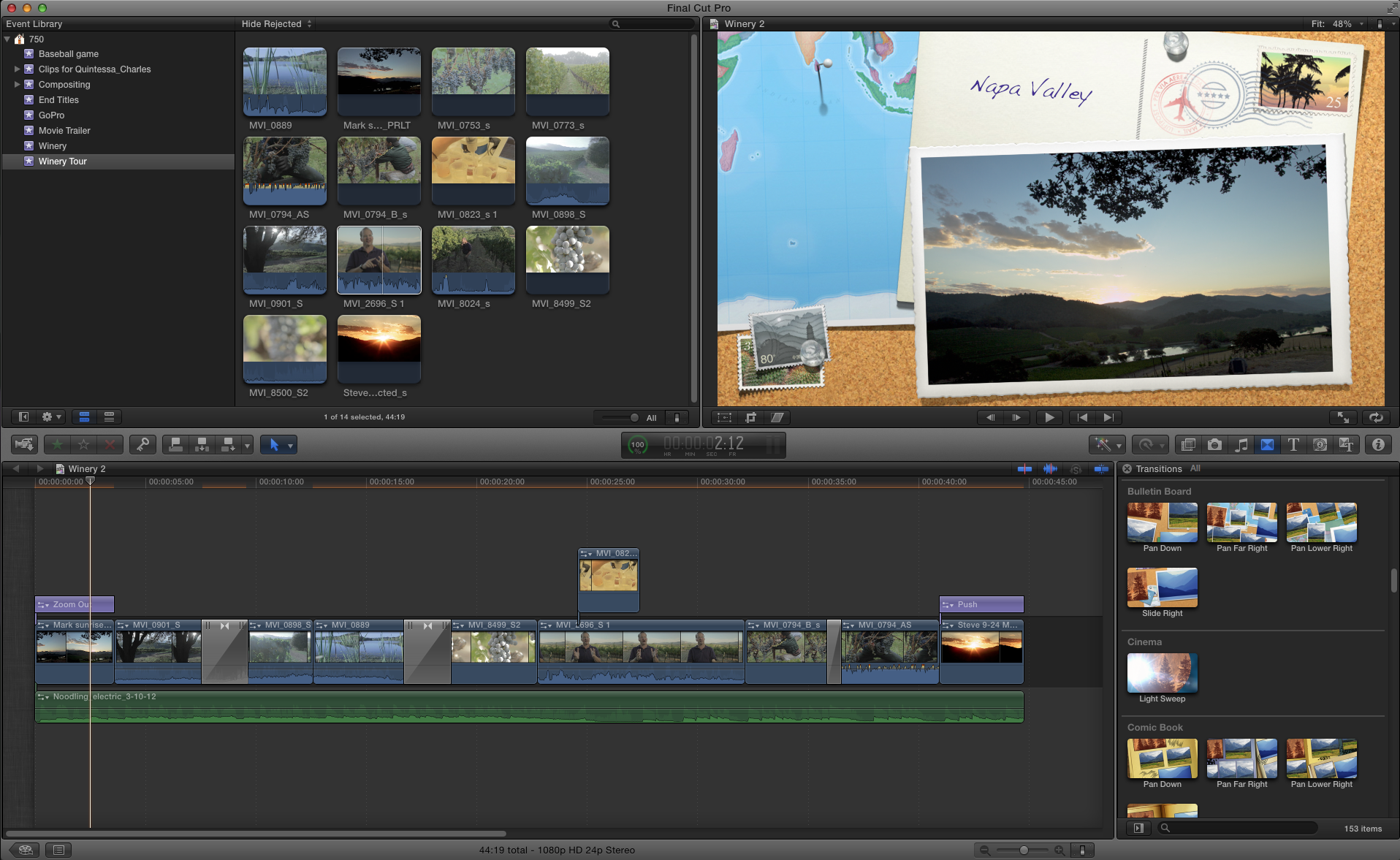 ￼The iMovie project, imported into Final Cut Pro X, comes complete with titles, transitions, the cutaway shot, and the music track.