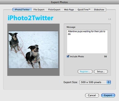 If you want to easily tweet photos from iPhoto or Aperture in the meantime, though, Blue Crowbar Software has a couple of plugins for you.