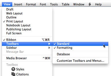 reveal toolbars in word 2016 for mac