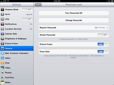 iPad passcode settings