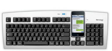 The standard Matias One Keyboard has a blue button that activates iPhone use. 