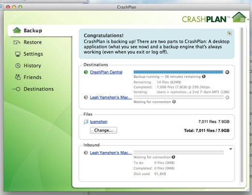 CrashPlan's desktop app shows you the progress of your backup. You can also restore files straight from the app. 