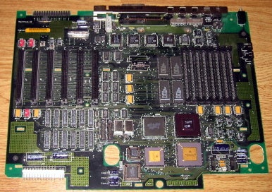Six NuBus slots are visible on the left side of this Macintosh II motherboard.