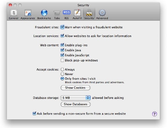 safari preferences security