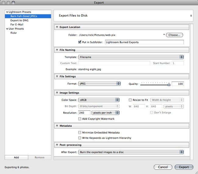 Lightroom 1.3 export dialog