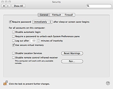 Snow Leopard security preference pane