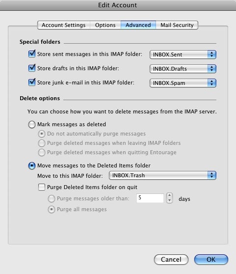 Entourage figured out the IMAP settings for my account, while Mail floundered.